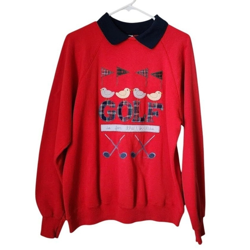 VALORIE SOCKWELL Folk Art Golf Appliqué‎ Collared Sweatshirt Preppy VTG 90's L - Picture 2 of 10